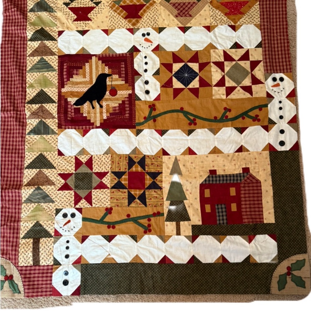 Primitive Christmas Quilt Top Snowman, Stars, Houses  Trees Folk Art